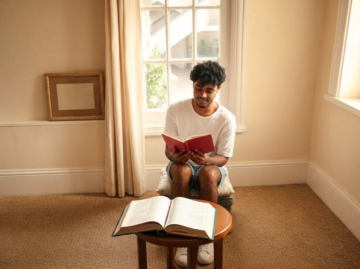 A young man reading the Bible in a peaceful sunlit room