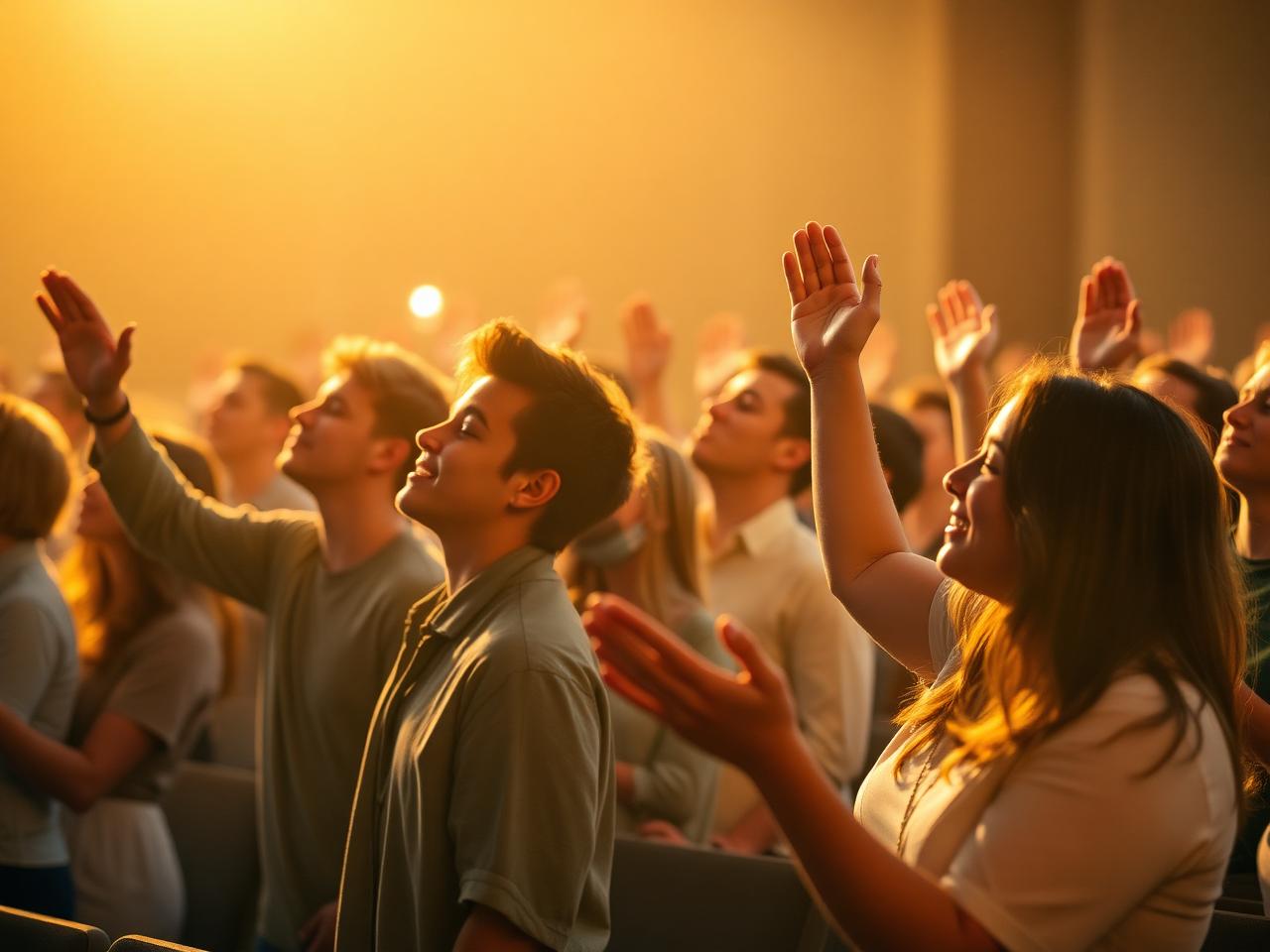 Young adults worshipping together, hands raised in praise